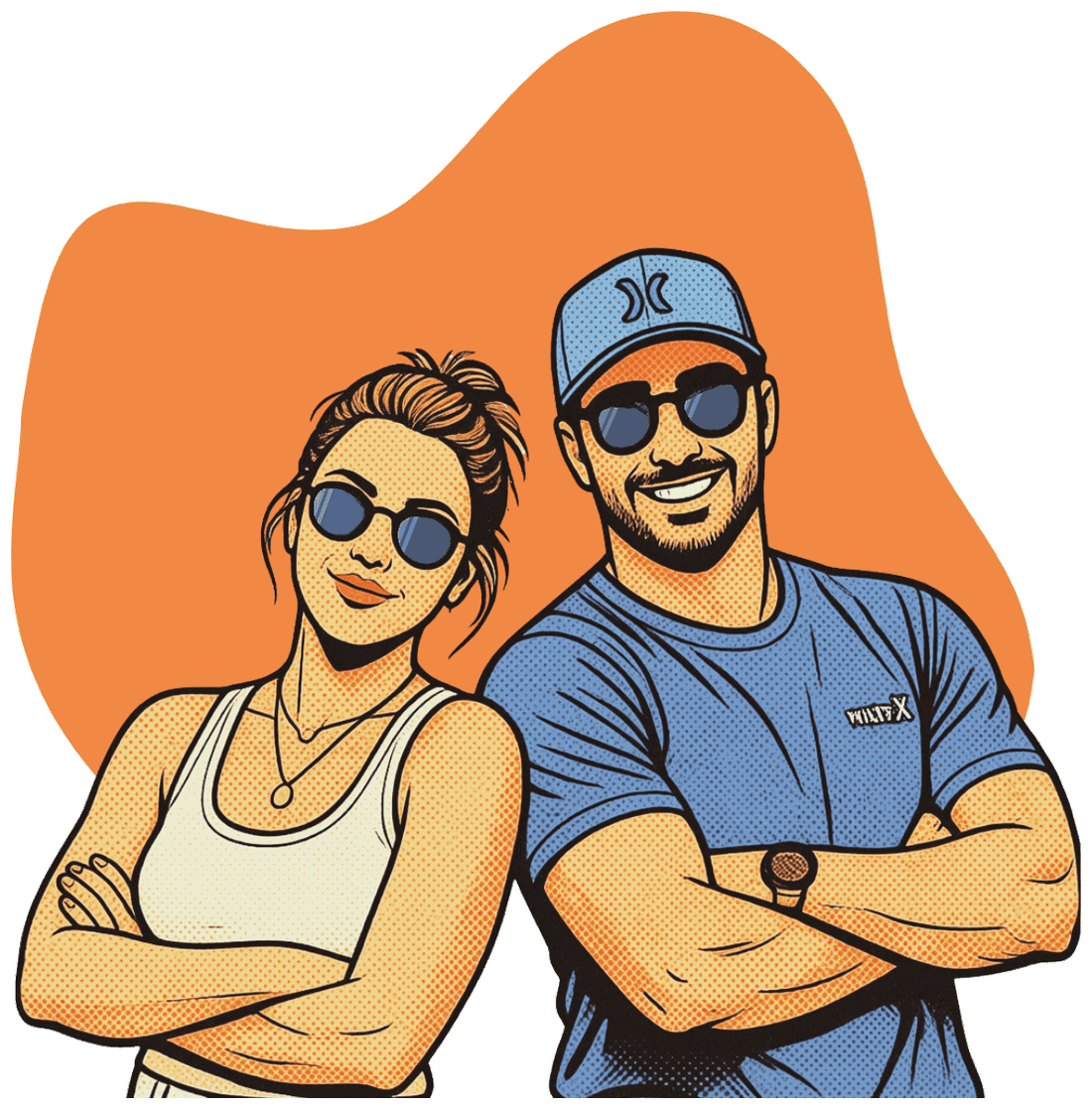 Illustrated portrait of Noah and Jordan, the founders of Web Builders, standing side by side with their arms crossed.