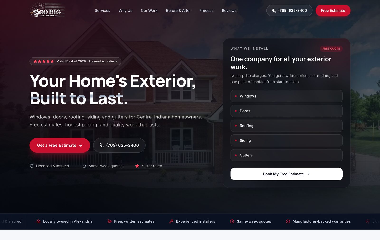 Go Big Exteriors homepage: a dark photographic hero headlined "Your Home's Exterior, Built to Last" with a free-estimate button, phone number, and a panel listing windows, doors, roofing, siding and gutters.